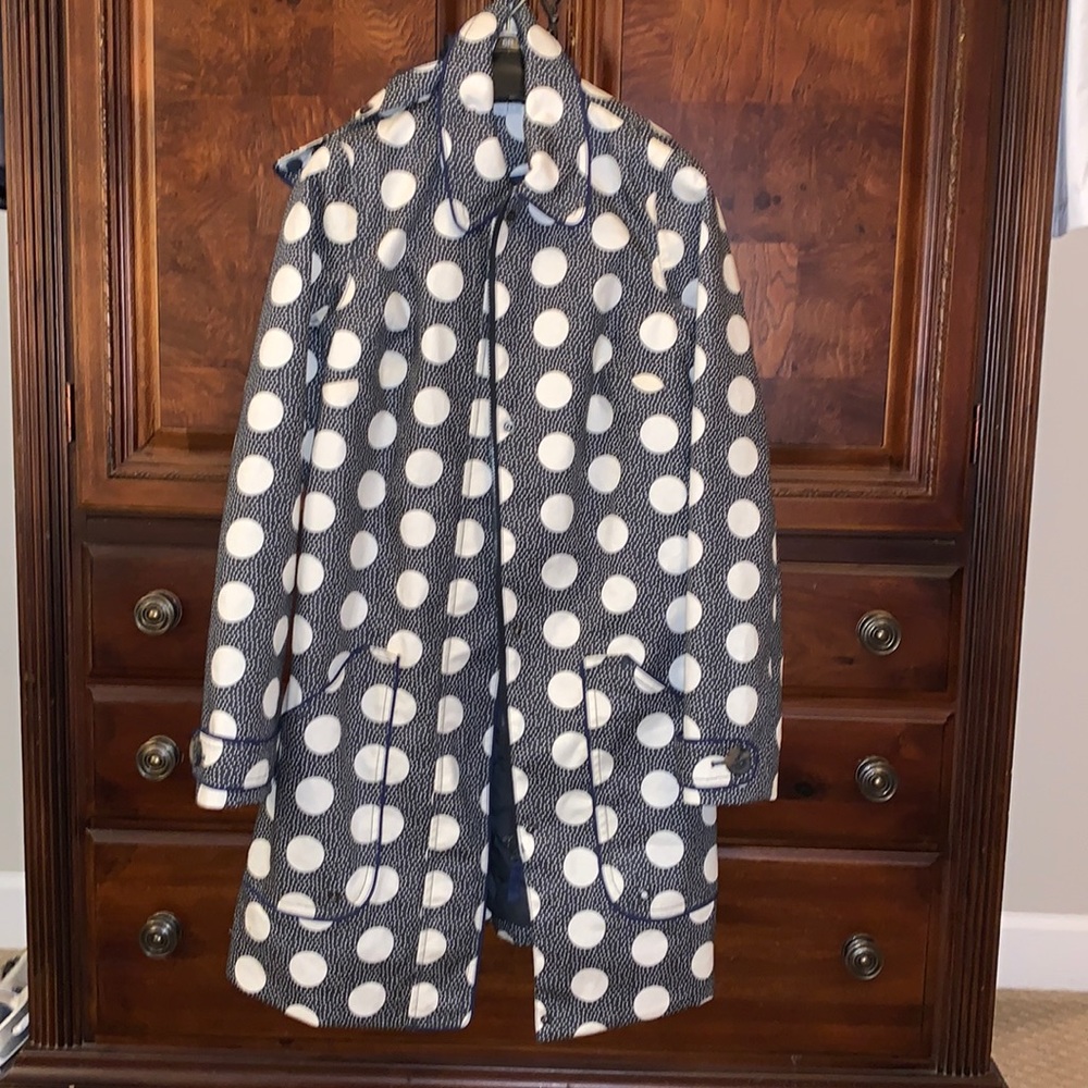Boden Fully Lined Raincoat Navy Blue w/ White Polka Dots